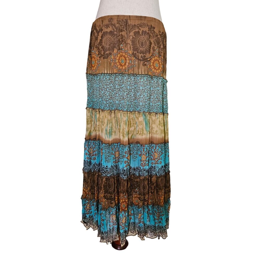 Vintage Tiered Maxi Skirt Sheer Mesh Flroal Lined 00s Y2k Blue Brown Medium